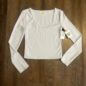 Open Edit Women's Light Blue Scoop Neck Long Sleeve Top